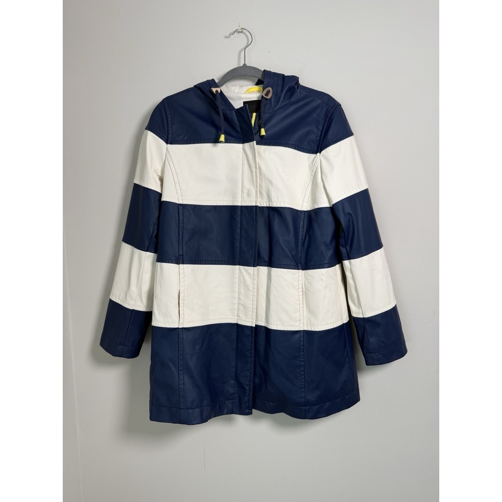 Talbots Classic Stripe Colorblock Raincoat Blue-Cream Size Small Preppy Outdoor